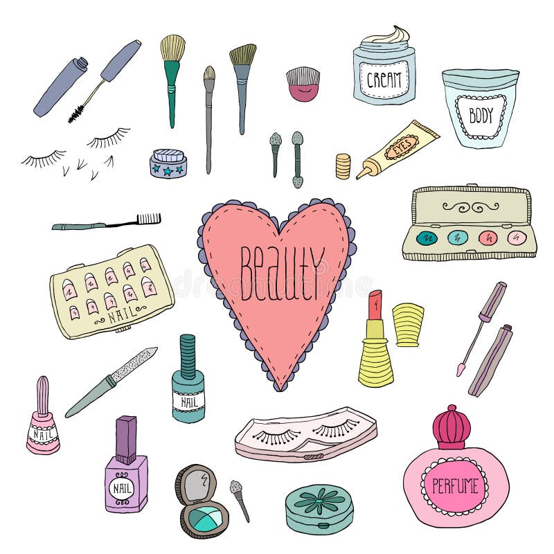 Schoonheid en de krabbels van schoonheidsmiddelenpictogrammen stock illustratie Schoonheid en de krabbels van schoonheidsmiddelenpictogrammen stock illustratie