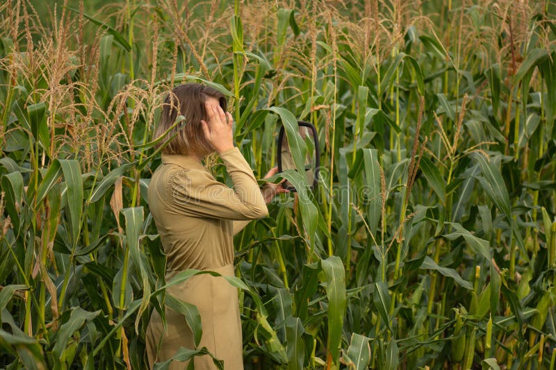 Schoonheid en modemodel bij grote groene maïsplanten op het platteland. vrolijke vrouw met glimlach op haar gezicht royalty-vrije stock foto's Schoonheid en modemodel bij grote groene maïsplanten op het platteland. vrolijke vrouw met glimlach op haar gezicht royalty-vrije stock foto's