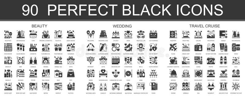 90 schoonheid, huwelijk, klassieke zwarte mini het conceptensymbolen van de reiscruise De vector moderne geplaatste illustraties
