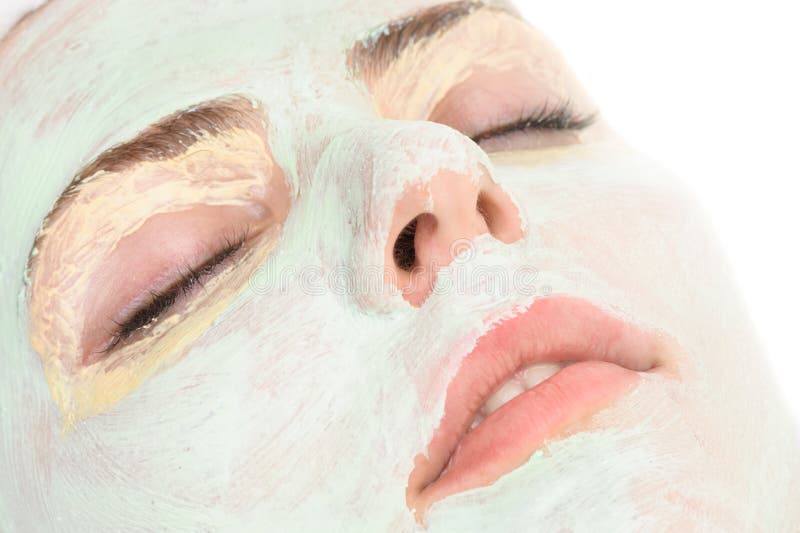 Schoonheidssalon, close-up van toegepaste gezichtsmasker royalty-vrije stock foto Schoonheidssalon, close-up van toegepaste gezichtsmasker royalty-vrije stock foto