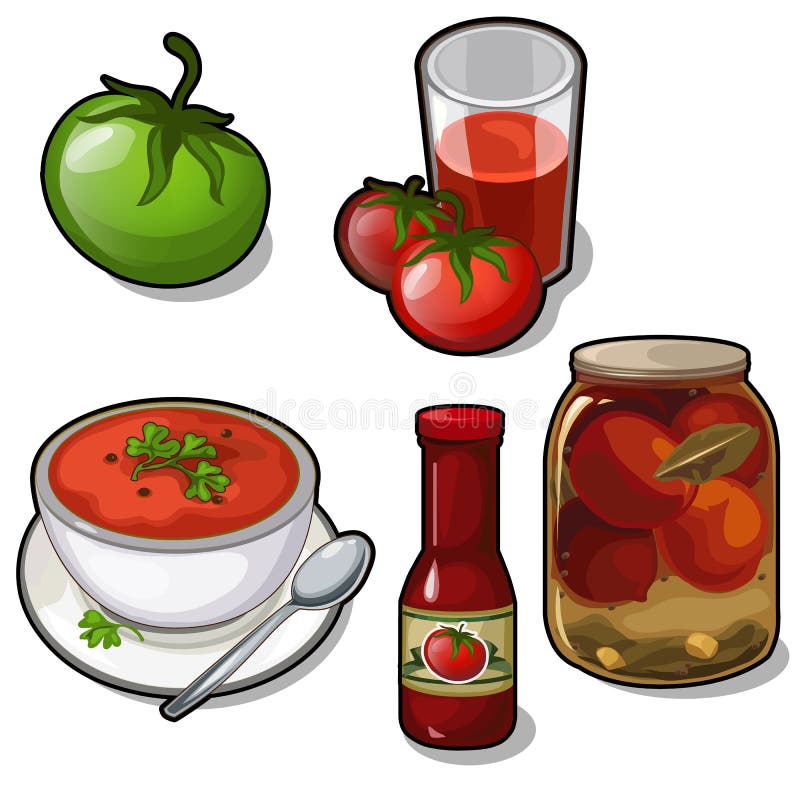 Schotels van tomaten - sap, ingeblikte soep, ketchup vector illustratie Schotels van tomaten - sap, ingeblikte soep, ketchup vector illustratie