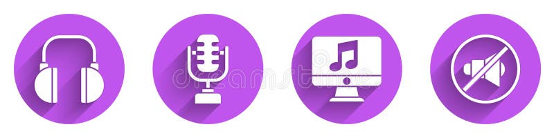 Schreib Kopfhörermikrofoncomputer mit Musikanmerkung und stummer Symbol des Sprechers mit langen Schatten. Vektor lizenzfreie stockbilder