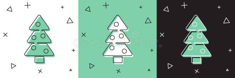 Schreib Weihnachtsbaum mit der Dekorationsikone isoliert auf weißem und grünem schwarzen Hintergrund. frohe Weihnachten und glückl stock abbildung