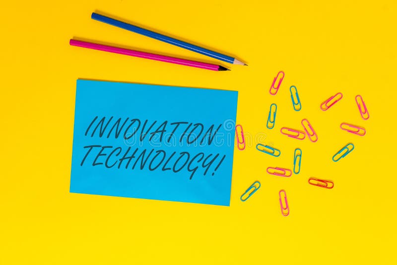 Schreibensanmerkung, die Innovations-Technologie zeigt Gesch? ftsfoto, das neue Idee oder Methode von technischem oder von wissens. Schreibensanmerkung, die Innovations-Technologie zeigt Geschäftskonzept für neue Idee oder Methode der technischen oder wissenschaftlichen Blatt-Mitteilungsanzeige Natur leeren Papiers zeichnen Clip farbigen Hintergrund an