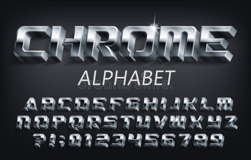 3D Chrome alphabet font. Futuristic metallic letters, numbers and symbols with shadow. Stock vector typescript for your design. 3D Chrome alphabet font. Futuristic metallic letters, numbers and symbols with shadow. Stock vector typescript for your design.
