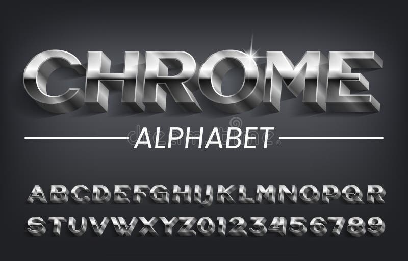 Chrome alphabet font. 3D effect oblique metallic letters, numbers and symbols with shadow. Stock vector typescript for your design. Chrome alphabet font. 3D effect oblique metallic letters, numbers and symbols with shadow. Stock vector typescript for your design.