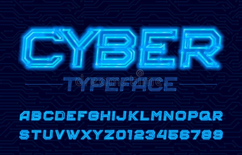Cyber alphabet font. Neon electronic letters and numbers. Stock vector circuit board typescript. Cyber alphabet font. Neon electronic letters and numbers. Stock vector circuit board typescript.