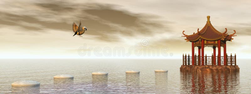 White stones in a row leading to one gazebo upon water, small beautiful bird flying around. White stones in a row leading to one gazebo upon water, small beautiful bird flying around