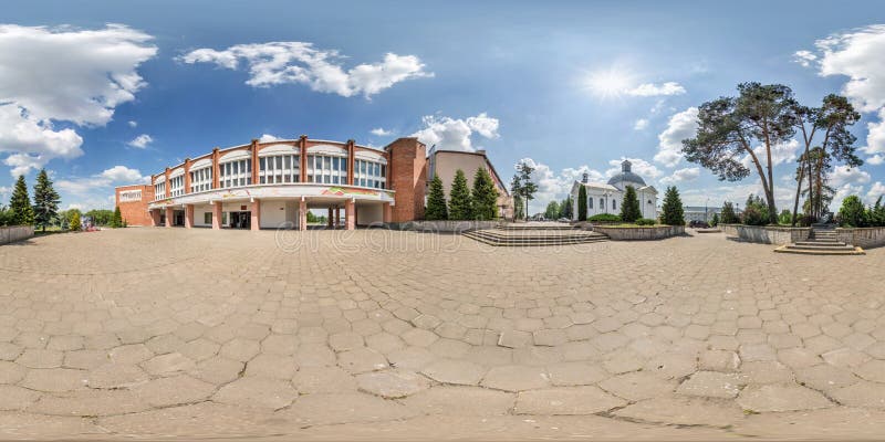 SCHUCHIN, BELARUS - MAY 2019: full seamless spherical hdri panorama 360 degrees angle view near historical building provincial town in equirectangular projection, ready VR AR virtual reality content