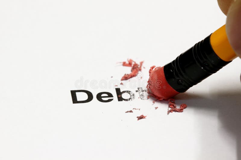 Debt being erased by the end of a pencil, word implies debt. Debt being erased by the end of a pencil, word implies debt