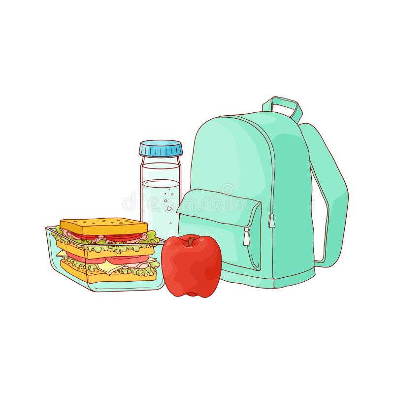 Schulen Sie Rucksack Und Lebensmittel Fur Mittagspause Sandwich Im Plastikbehalter Im Roten Apfel Und In Der Flasche Wasser Vektor Abbildung Illustration Von Fur Rucksack