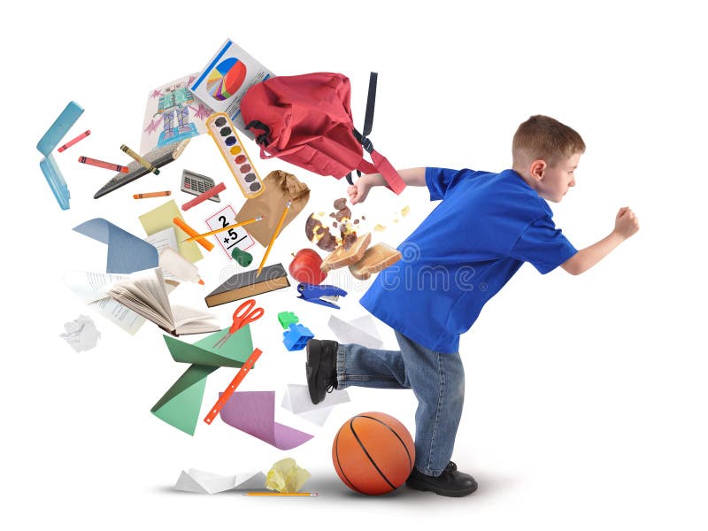 A school boy is running late with supplies falling out of his book bag on a white isolated background for an education or back to school concept. A school boy is running late with supplies falling out of his book bag on a white isolated background for an education or back to school concept.
