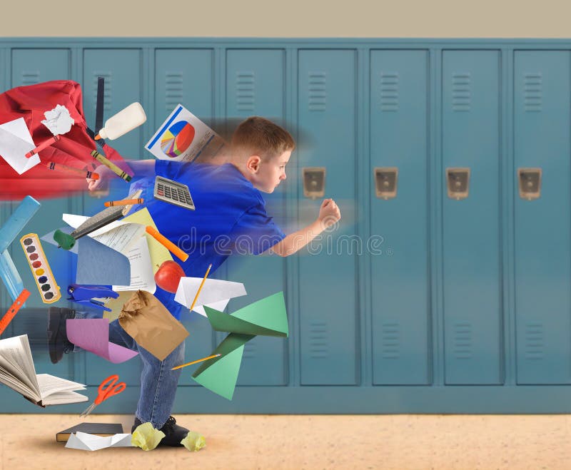 A school boy is running late with school supplies falling out of his book bag in a hallway with lockers in the background for an education or academic concept. A school boy is running late with school supplies falling out of his book bag in a hallway with lockers in the background for an education or academic concept.
