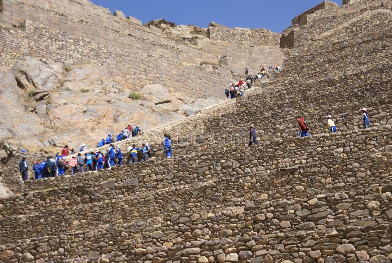 Schulkinder im Blau, das landwirtschaftliche Terrassen klettert lizenzfreies stockfoto Schulkinder im Blau, das landwirtschaftliche Terrassen klettert lizenzfreies stockfoto