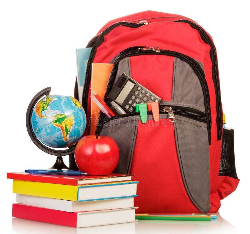 Schulrucksack mit Schulbedarf lizenzfreie stockfotos Schulrucksack mit Schulbedarf lizenzfreie stockfotos