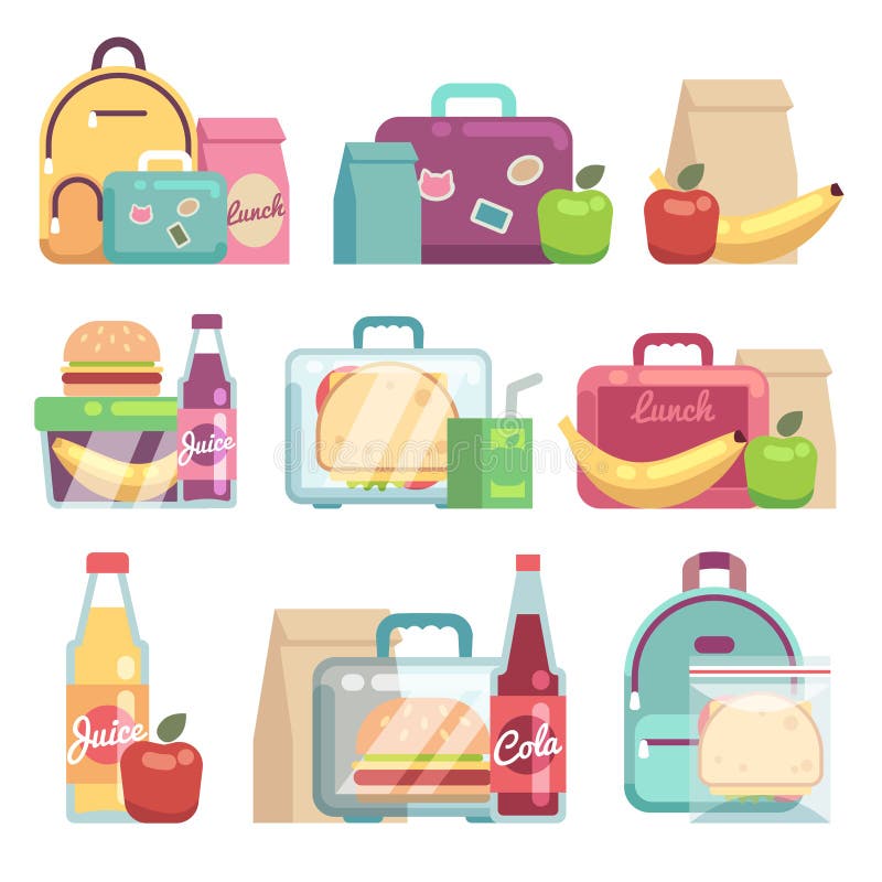 Schulsnacktaschen Gesundes Lebensmittel im Kinderbrotdose-Vektorsatz lizenzfreie abbildung Schulsnacktaschen Gesundes Lebensmittel im Kinderbrotdose-Vektorsatz lizenzfreie abbildung