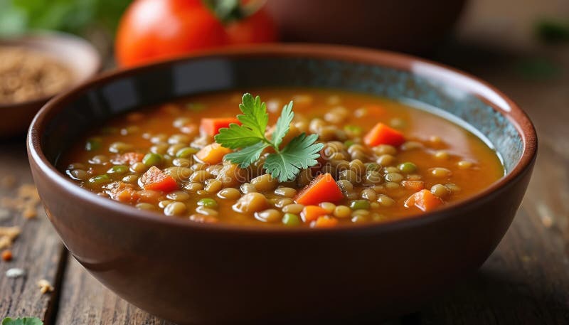 Schuss herzhafter Linsensuppe mit Erbsenkarotterwürfeln cilantro Blätter in brauner Keramikschale. Savory Suppe reich aromatisch vektor abbildung