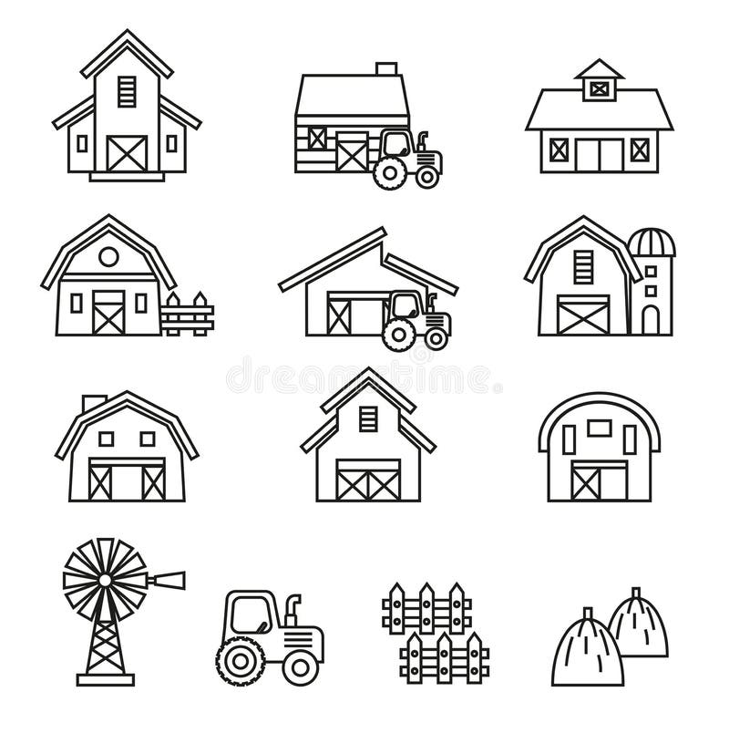 Schuur & landbouwbedrijf de bouw pictogramreeks stock illustratie Schuur & landbouwbedrijf de bouw pictogramreeks stock illustratie