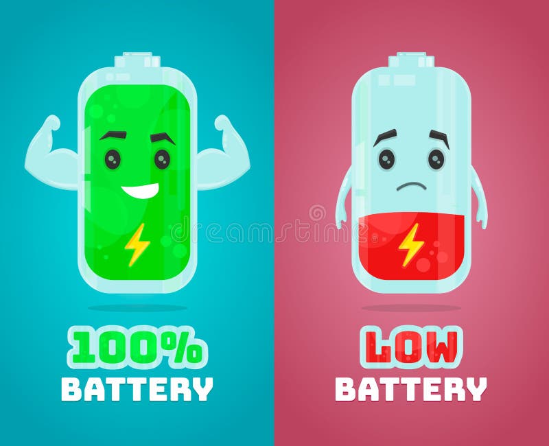 Schwache Batterie und Vollmachtsbatterie vector flache Zeichentrickfilm-Figur-Illustration Energiegebühr