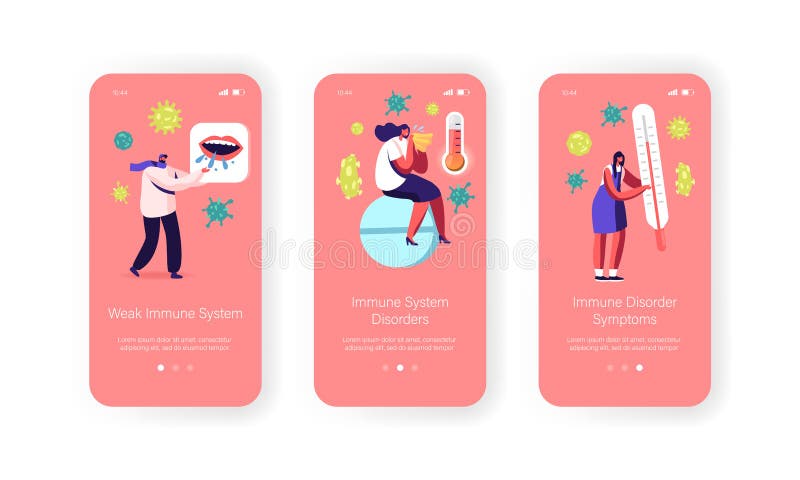 Schwaches Immunsystem Mobile Appseite an Bord der Schirmschablone. kleine männlich-weibliche Zeichen laden Immunität, von Mikroben. kleine männlich-weibliche Zeichen laden Immunität Mikrobenviruszellen, vor sich selbst zu schützen und Bakterien in Angriff nehmen Konzept. Karikaturleute-Vektorillustration.