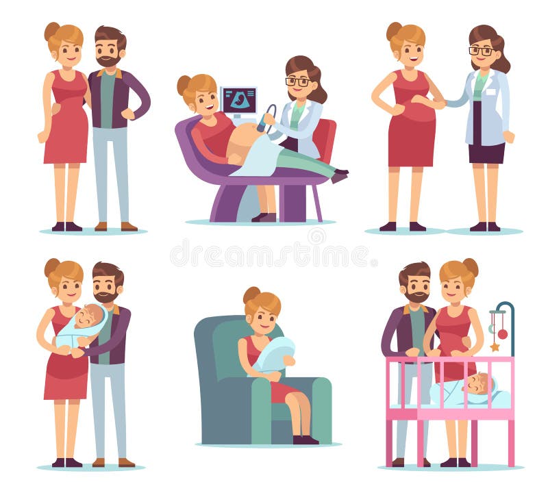 Schwangerschaftsmutterschaftssatz Besuchsglückliche Familie des neugeborenen Babys der Gymnastik der ärztlichen Untersuchung des lizenzfreie abbildung Schwangerschaftsmutterschaftssatz Besuchsglückliche Familie des neugeborenen Babys der Gymnastik der ärztlichen Untersuchung des lizenzfreie abbildung