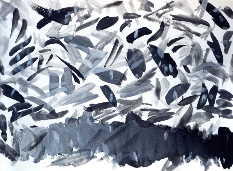 Schwarz-Graue Pinselstriche, die auf weißem Hintergrund mit gouache aufgetragen werden. die Striche schneiden und überlappen sich. lizenzfreie abbildung