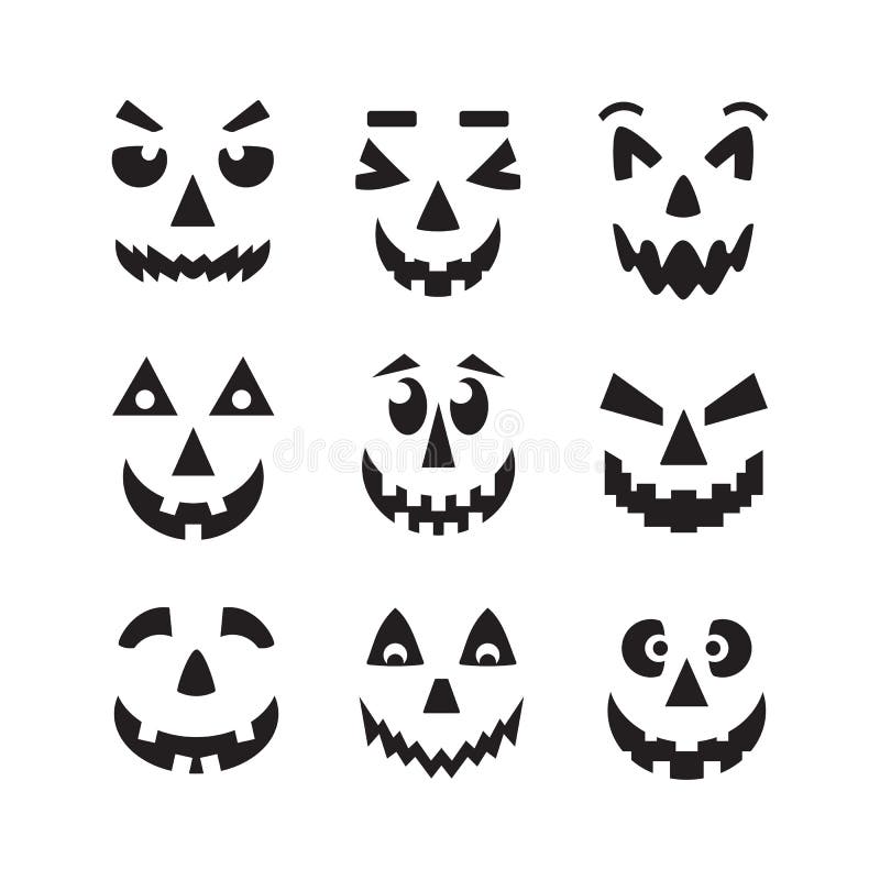 Schwarz-gruselige, coole und lustige isolierte Halloween-Kürbisfacen-Symbole auf Weiß