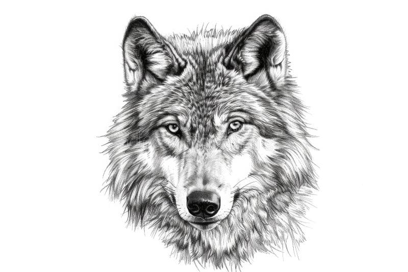 Schwarz-Weiß-Bleistiftzeichnung eines Wolfenkopfes mit aufwändigen Felldetails lizenzfreie abbildung