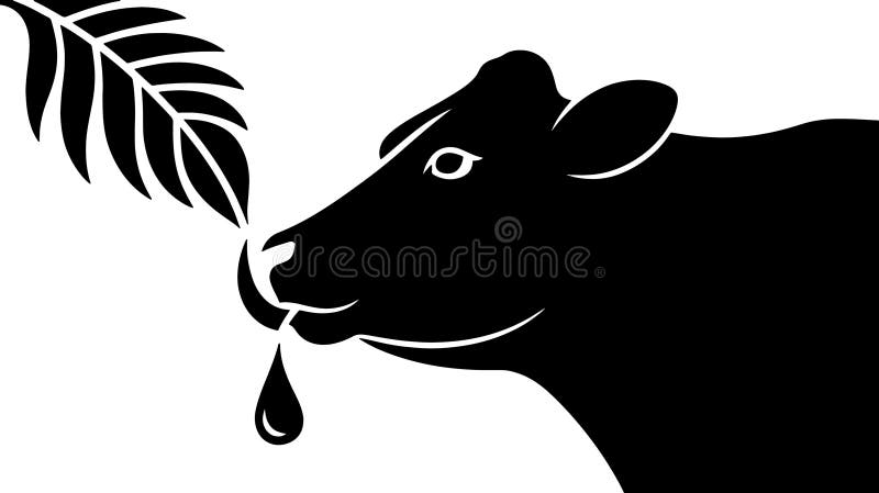 Schwarz-Weiß-Grafik, die eine Kuh mit Blättersilhouette darstellt, und Milch auf weißem Hintergrund vektor abbildung