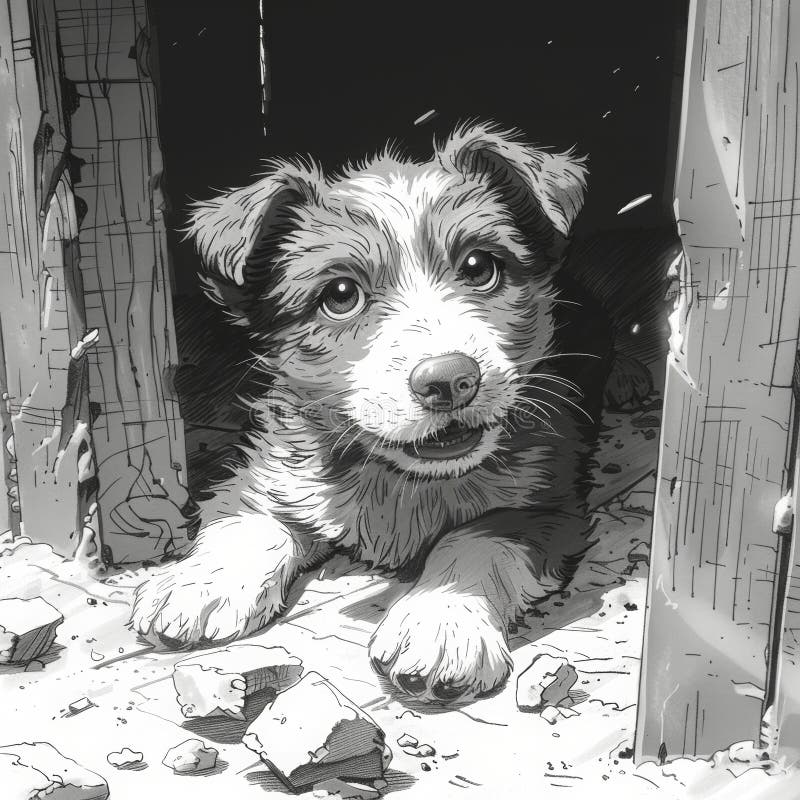 Schwarz-Weiß-Illustration kleiner Welpen, die aus zerbrochener Holzstruktur herausgucken. Puppys unschuldige Augen Kontrast lizenzfreies stockbild