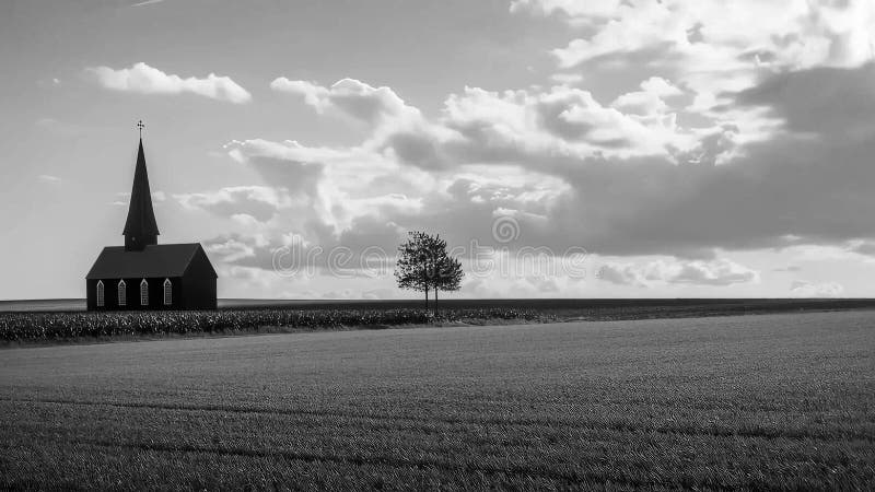 Schwarz-Weiß-Szene mit einer dunkelgekrönten Kirche und einem einsamen Baum in einem weiten flachen Feld stock video