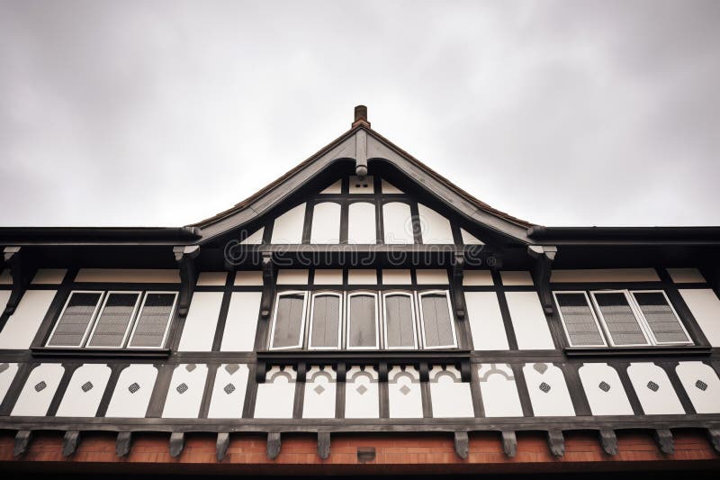 Schwarz-weiße Fassade aus Holzbalken. Schwarz-Weiß-Taubenfassade mit generativer ai-generierter Holzbalkenfassade