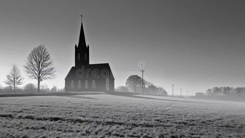 Schwarz-weiße große dunkle Kirche mit einem Steppel, der in einem riesigen mistigen Feld unter einem grauen Himmel steht. stock video