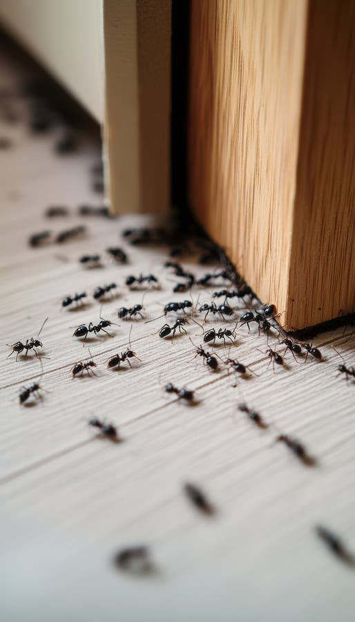 Schwarze Ameisen Befall Kleiner Insektenweg über Holzfußböden im häuslichen Schädlingsproblem lizenzfreie abbildung