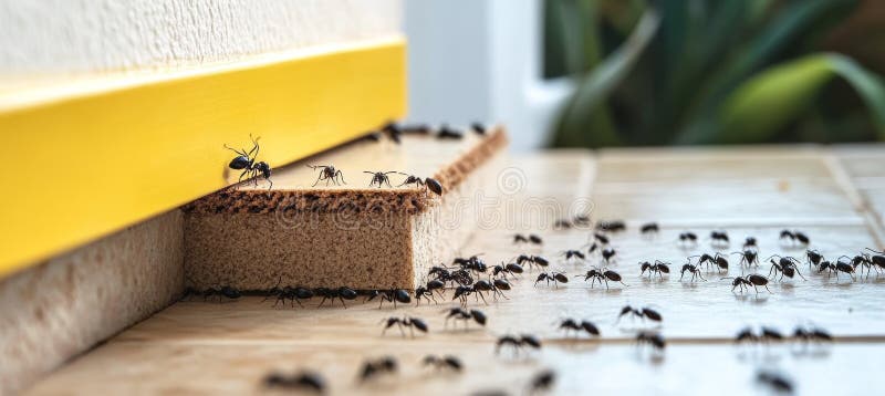 Schwarze Ameisen kriechen auf dem Küchenboden Schädlingsproblem und Befallskontrolle lizenzfreie abbildung