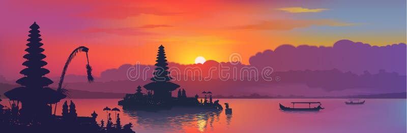 Schwarze Balinesewasser-Tempel- und Fischerbootsschattenbilder auf Regenbogenfarbsonnenuntergang-Himmelhintergrund, Vektorfahne vektor abbildung Schwarze Balinesewasser-Tempel- und Fischerbootsschattenbilder auf Regenbogenfarbsonnenuntergang-Himmelhintergrund, Vektorfahne vektor abbildung