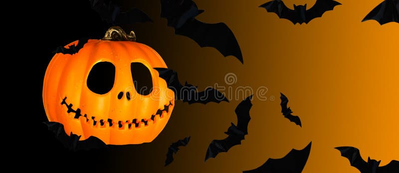 Schwarze, fliegende Fledermäuse und schwarz-orangefarbener Hintergrund zwischen Hintergrundbanner lizenzfreies stockbild