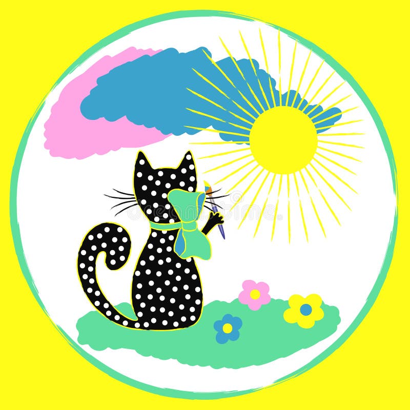 Schwarze Katze zeichnet den Himmel und die Sonne Vektor stock abbildung Schwarze Katze zeichnet den Himmel und die Sonne Vektor stock abbildung