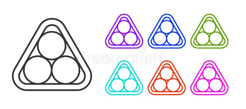 Schwarze Linie Billardkugeln in einer Gestelldreieckikone isoliert auf weißem Hintergrund. parametrierte Symbole bunt. Vektorillus vektor abbildung
