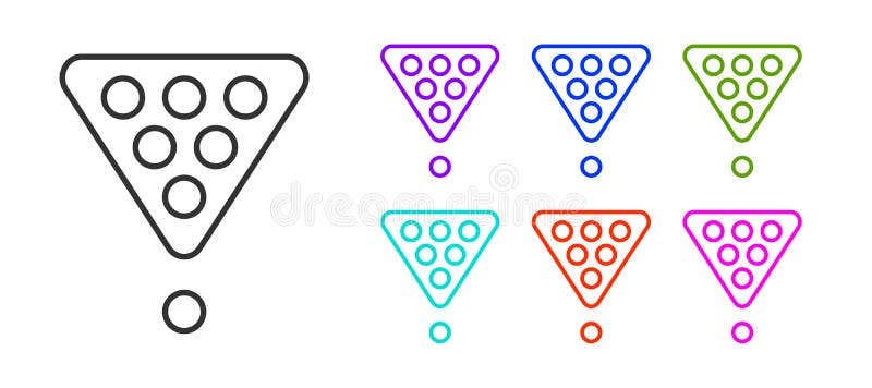 Schwarze Linie Billardkugeln in einer Gestelldreieckikone isoliert auf weißem Hintergrund. parametrierte Symbole bunt. Vektorillus vektor abbildung