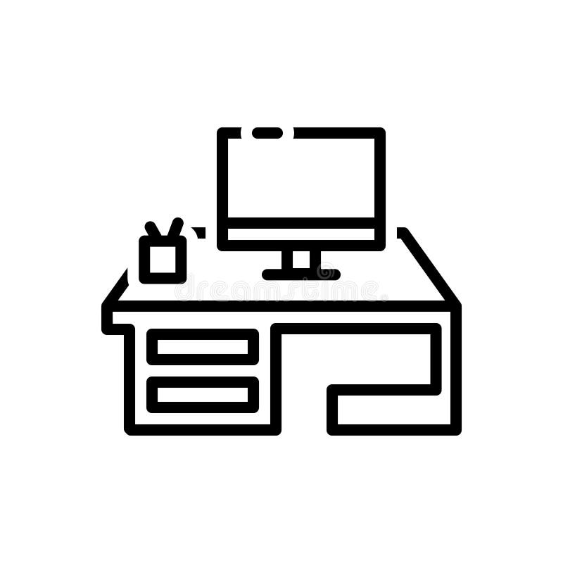 Schwarze Linie Ikone für Computer, Schreibtisch und Arbeit lizenzfreie abbildung