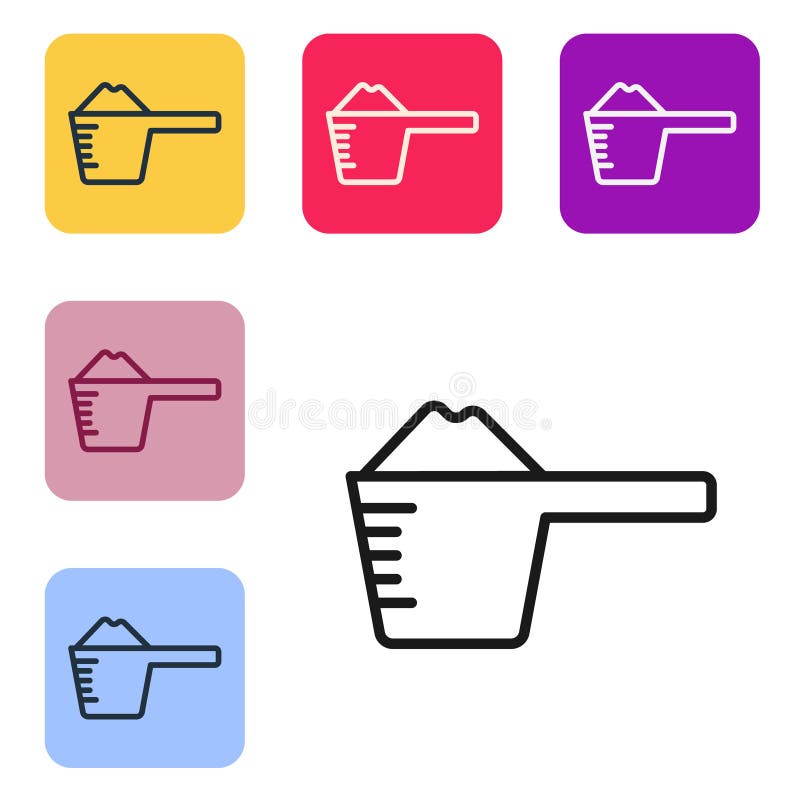 Schwarze Linie Waschpulver in einer Ikone der Dosierbecher isoliert auf weißem Hintergrund Stellen Sie Symbole in den Farbquadrat