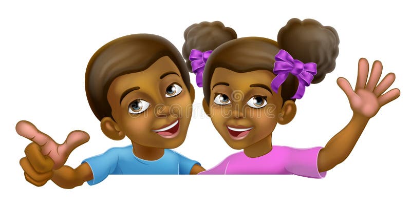 Schwarze Mädchen- und Jungenkarikaturkinderkinder unterzeichnen