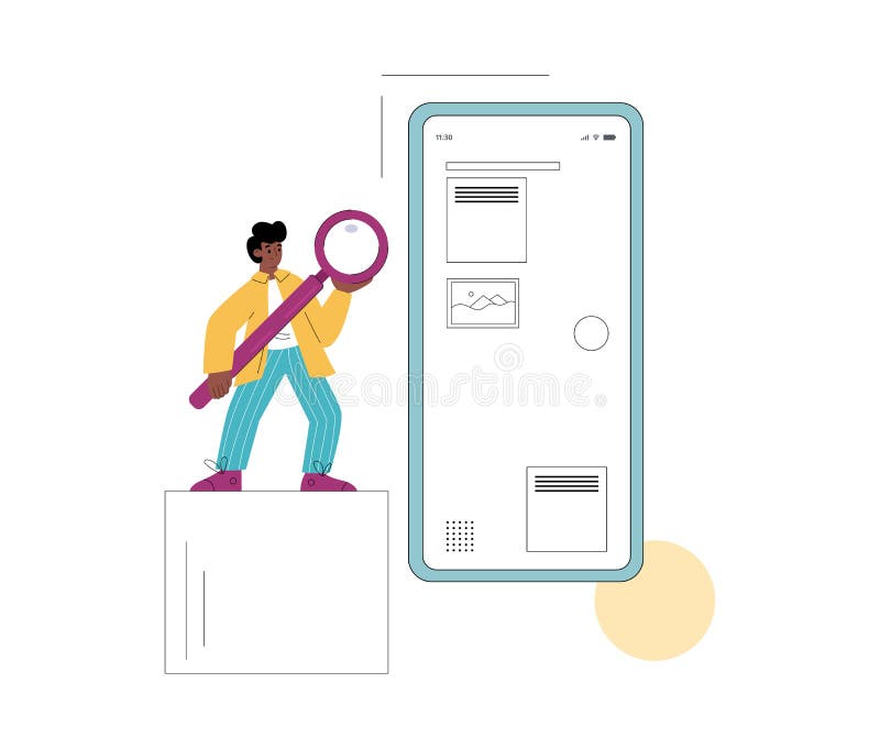 Schwarze männliche Figur macht Ux-Design für Handy-App. Schwarzer hält Lupe und arbeitet an Webdesign. vektor abbildung