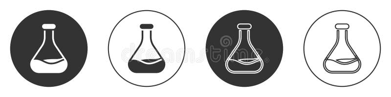 Schwarze Reagenzglas- und Flaschenikone isoliert auf weißem Hintergrund. chemischer Labortests. Laborglaswaren. Kreisknopf. Vektor vektor abbildung