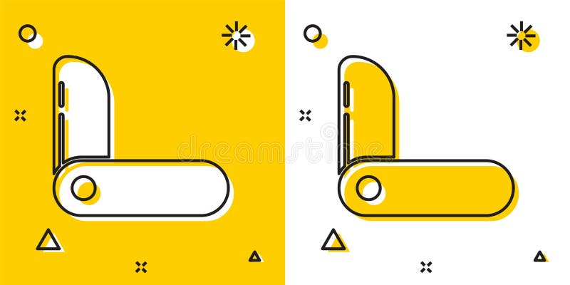 Schwarze Schweizer Armeemesserikone isoliert auf gelbem und weißem Hintergrund Vielzwecktaschenmesser Multi-Werkzeug, Multifunktionswerkzeug Zufällige dynamische Formen Vektor-Illustration