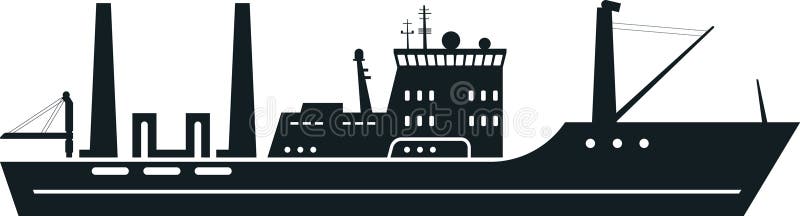 Schwarze Silhouette eines Fischerbootes, das auf der minimalistischen Darstellung eines Seeschiffs mit Brücke fährt vektor abbildung
