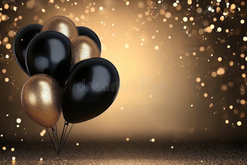 Schwarze und goldene Glitter Balloons und Confetti auf funkelndem Hintergrund Ideal für Geburtstag Urlaub oder Teil stock abbildung