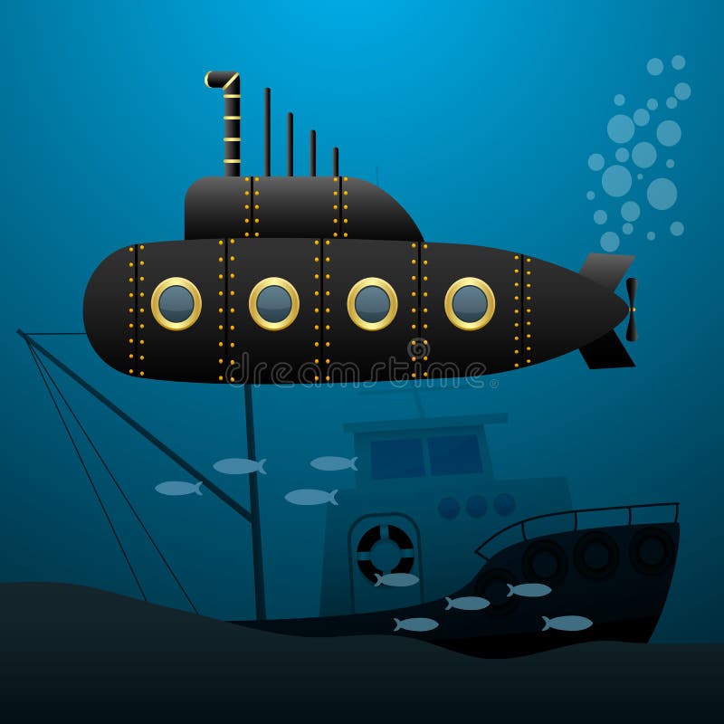 Schwarze Unterwassersegel Unterwasser Versunkenes Schiff auf dem Meeresgrund Karikaturbild Photorealistic Ausschnittskizze lizenzfreie abbildung Schwarze Unterwassersegel Unterwasser Versunkenes Schiff auf dem Meeresgrund Karikaturbild Photorealistic Ausschnittskizze lizenzfreie abbildung