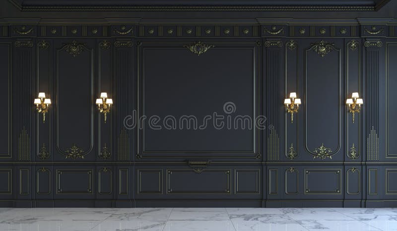 Schwarze Wände in der klassischen Art mit Vergoldung Wiedergabe 3d stock abbildung